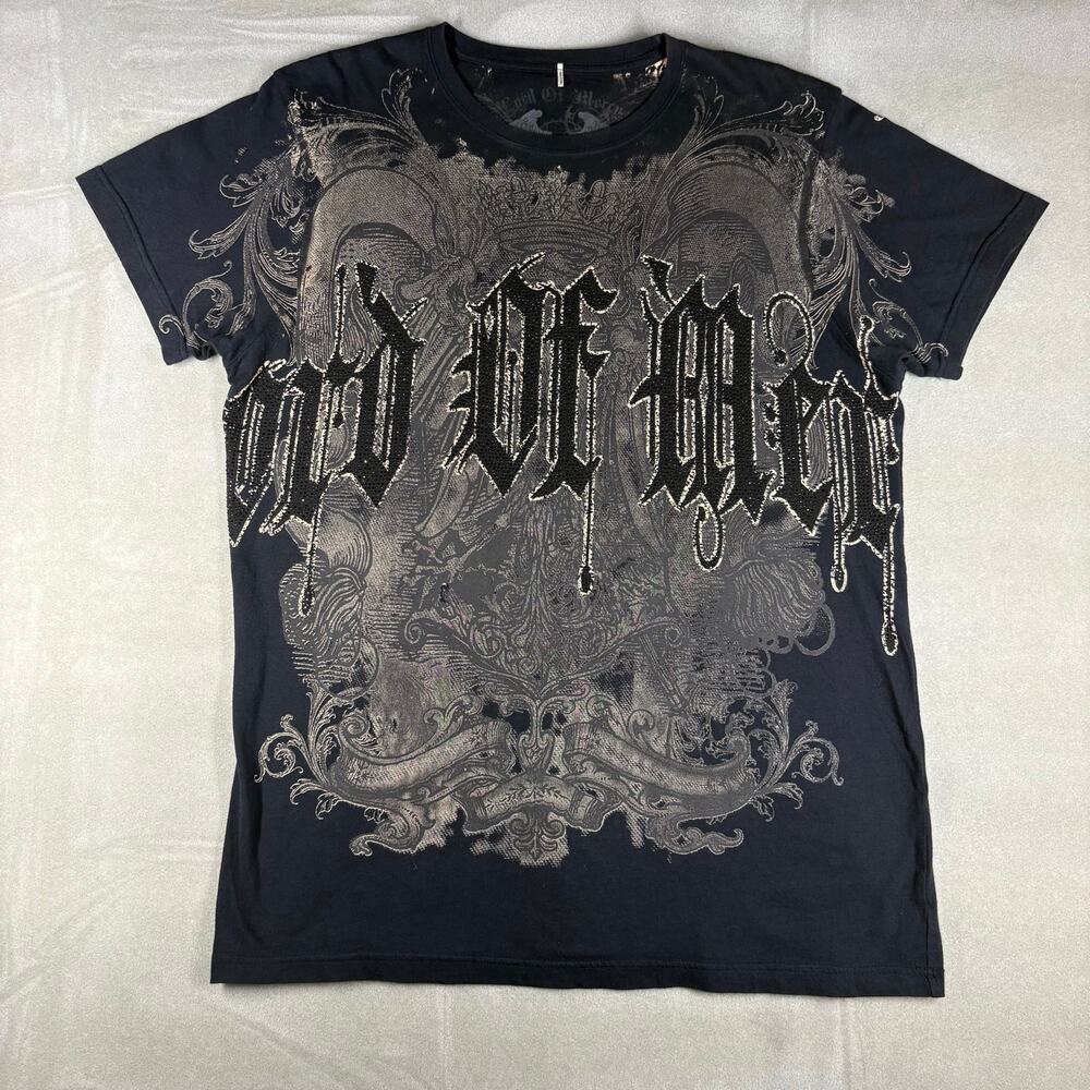 Lord Of Mercy Mens‎ XL Black Gothic Rhinestone Graphic T Shirt Skull Y2K